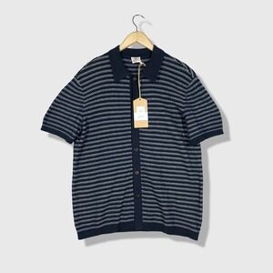 Faherty SS Sweater Shirt Men M Navy Blue Striped Organic Cotton Cashmere Polo